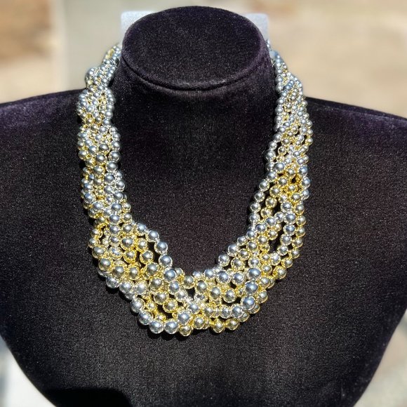 Twisted Multi Strand Gold Silver Color Pearl Necklace Spring Summer Vacation NWT - Picture 2 of 4